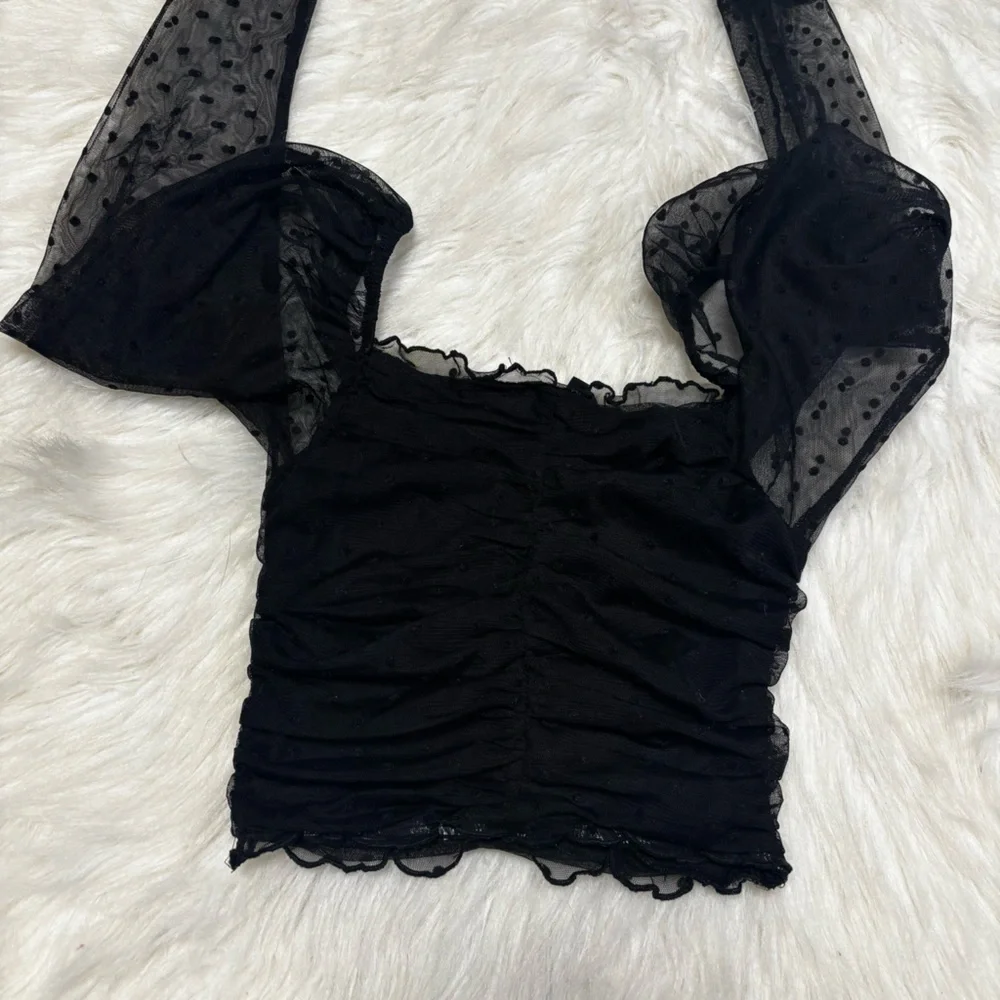 Divided Black Tulle / Lace Velvet Polka Dot Rouched Long Sleeve Crop Top size XS